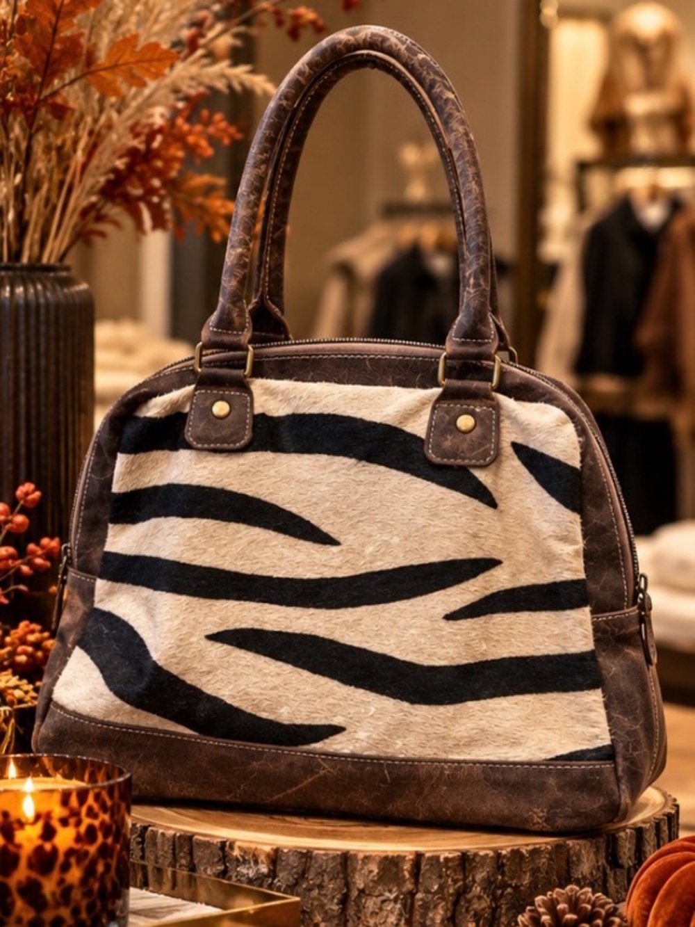 Myra Bag Zebra Print Satchel in Brown & Black